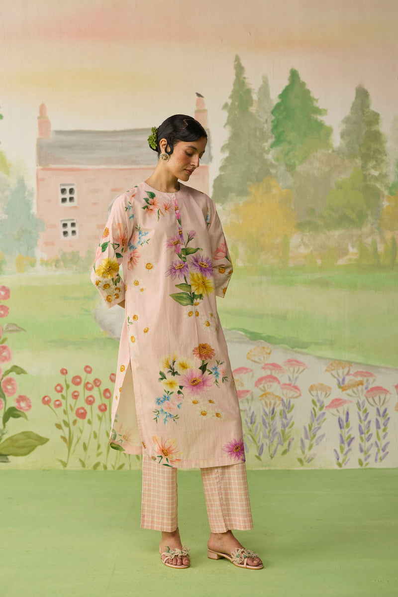 Pink Daisy Long Kurta Set cotton co-ord set by Nadiya Paar in pink for women Worldwide