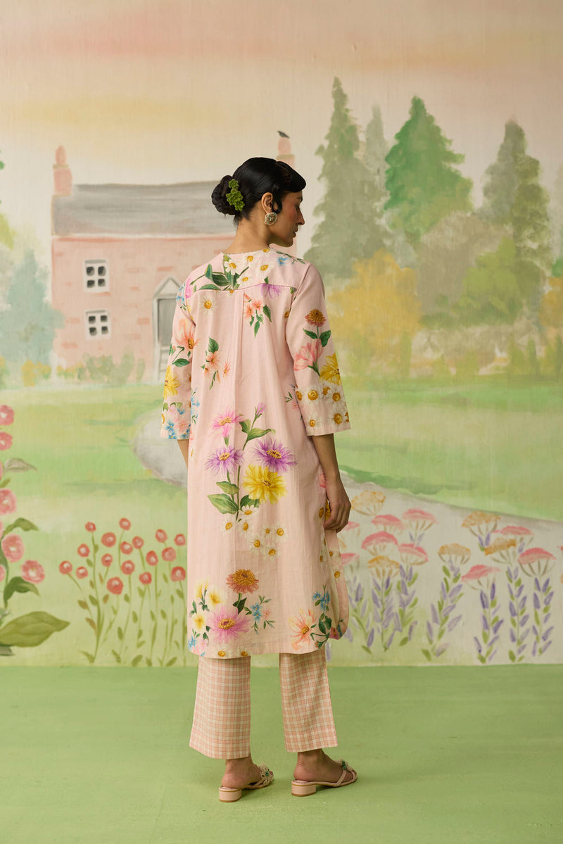 Pink Daisy Long Kurta Set cotton co-ord set by Nadiya Paar in pink for women Worldwide