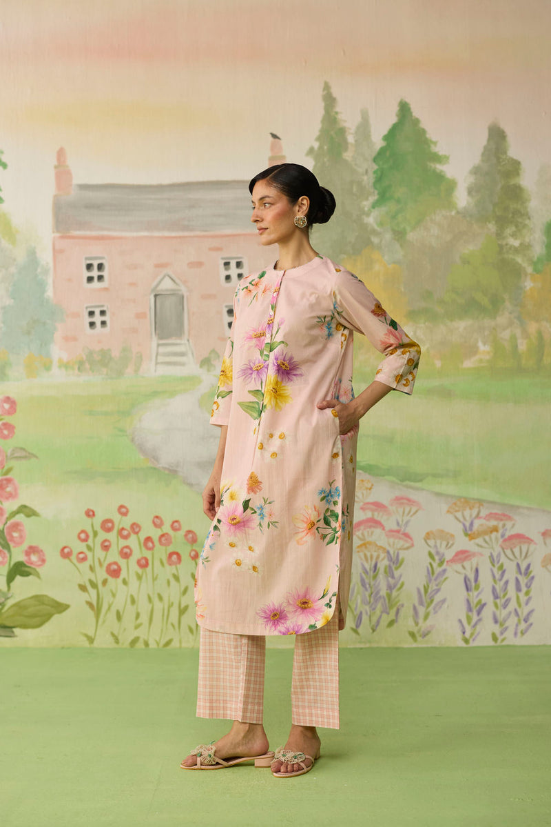 Pink Daisy Long Kurta Set cotton co-ord set by Nadiya Paar in pink for women Worldwide