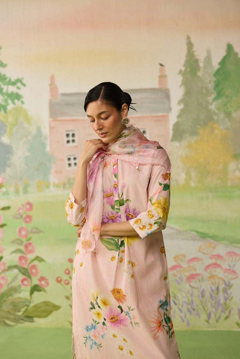 Pink Daisy Long Kurta Set cotton co-ord set by Nadiya Paar in pink for women Worldwide