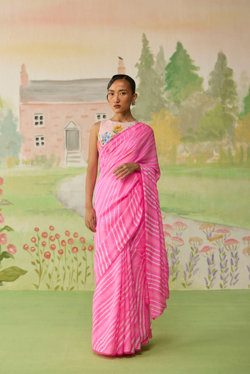 Blush Habutai Silk Lehriya Mothra Sari silk saree by Nadiya Paar in pink for women Worldwide