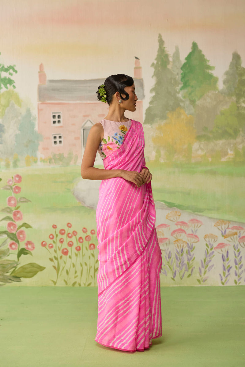 Blush Habutai Silk Lehriya Mothra Sari silk saree by Nadiya Paar in pink for women Worldwide