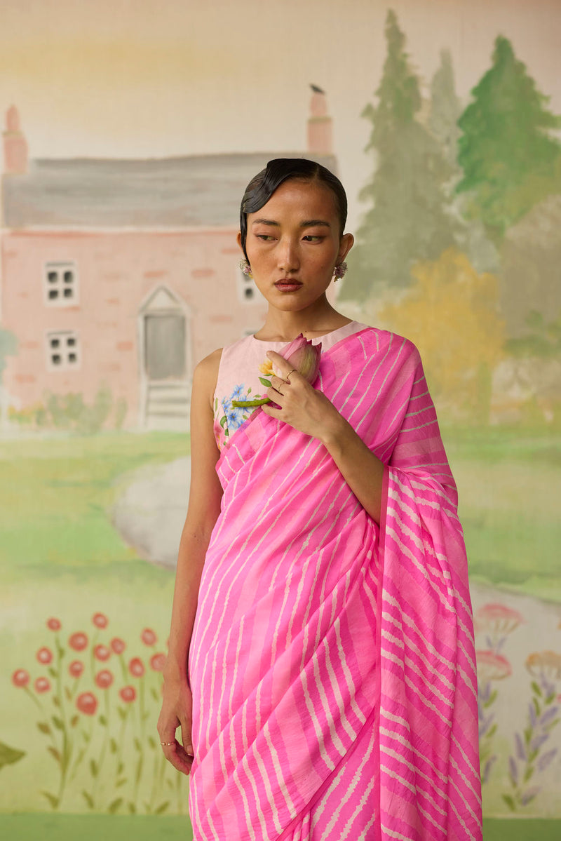 Blush Habutai Silk Lehriya Mothra Sari silk saree by Nadiya Paar in pink for women Worldwide