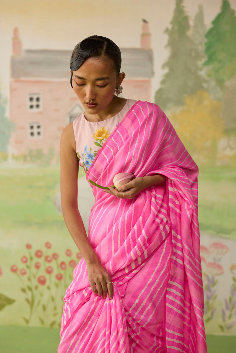 Blush Habutai Silk Lehriya Mothra Sari silk saree by Nadiya Paar in pink for women Worldwide