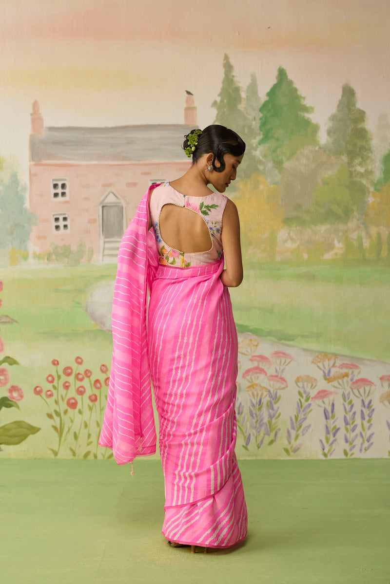 Blush Habutai Silk Lehriya Mothra Sari silk saree by Nadiya Paar in pink for women Worldwide
