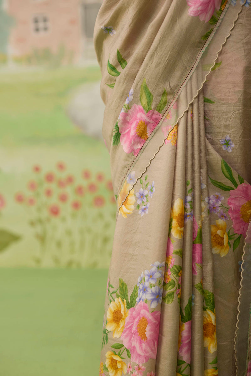 Peony Mulberry Silk Sari silk saree by Nadiya Paar in brown for women Worldwide