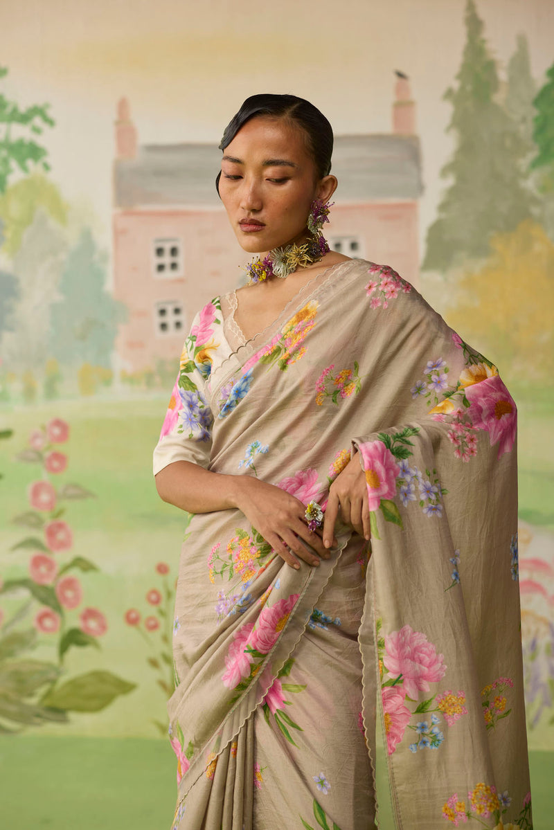 Peony Mulberry Silk Sari silk saree by Nadiya Paar in brown for women Worldwide