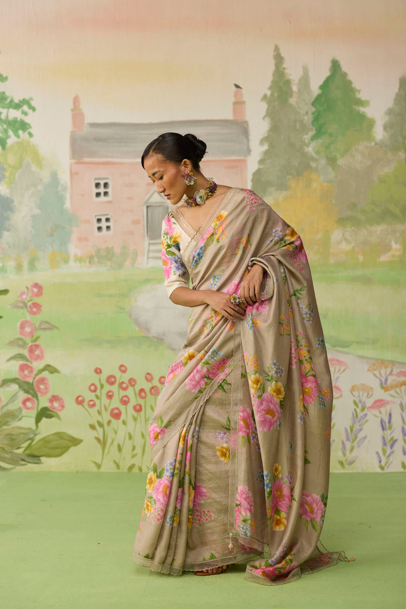 Peony Mulberry Silk Sari silk saree by Nadiya Paar in brown for women Worldwide