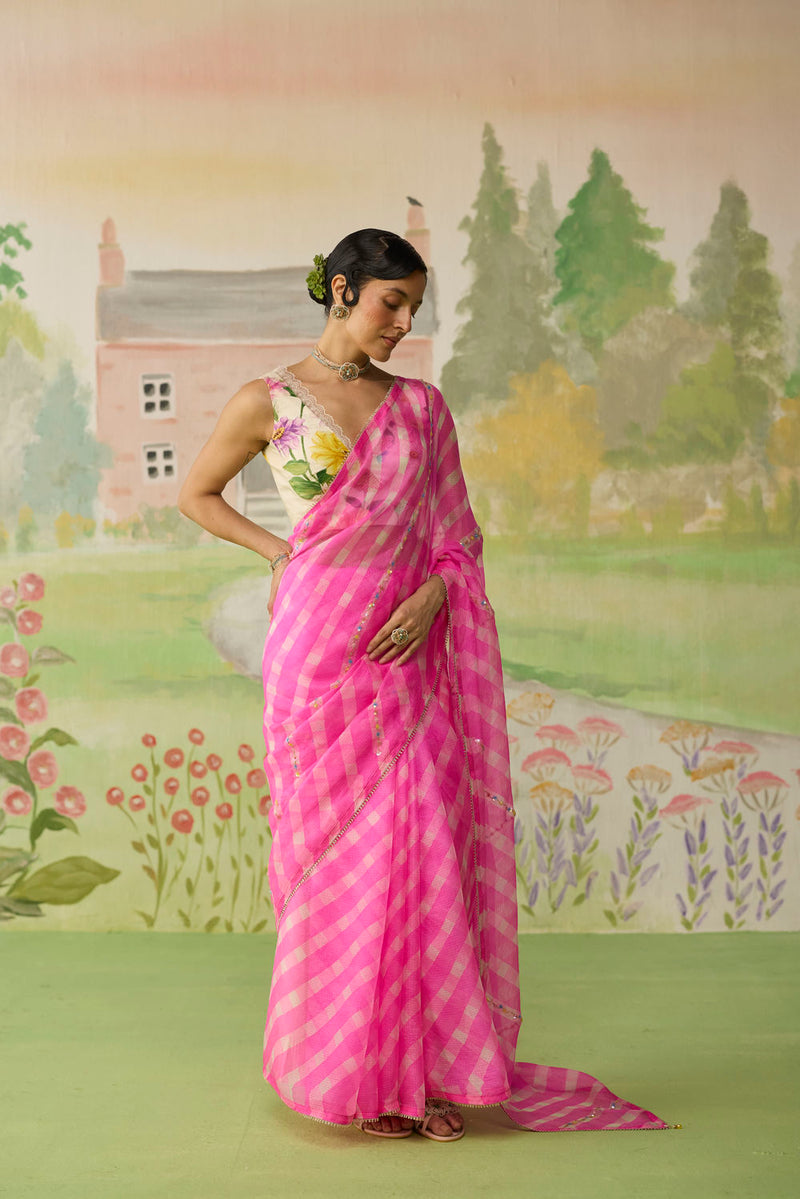 Trellis Pink Kota Doria Silk Lehriya Mothra Sari silk saree by Nadiya Paar in pink for women Worldwide