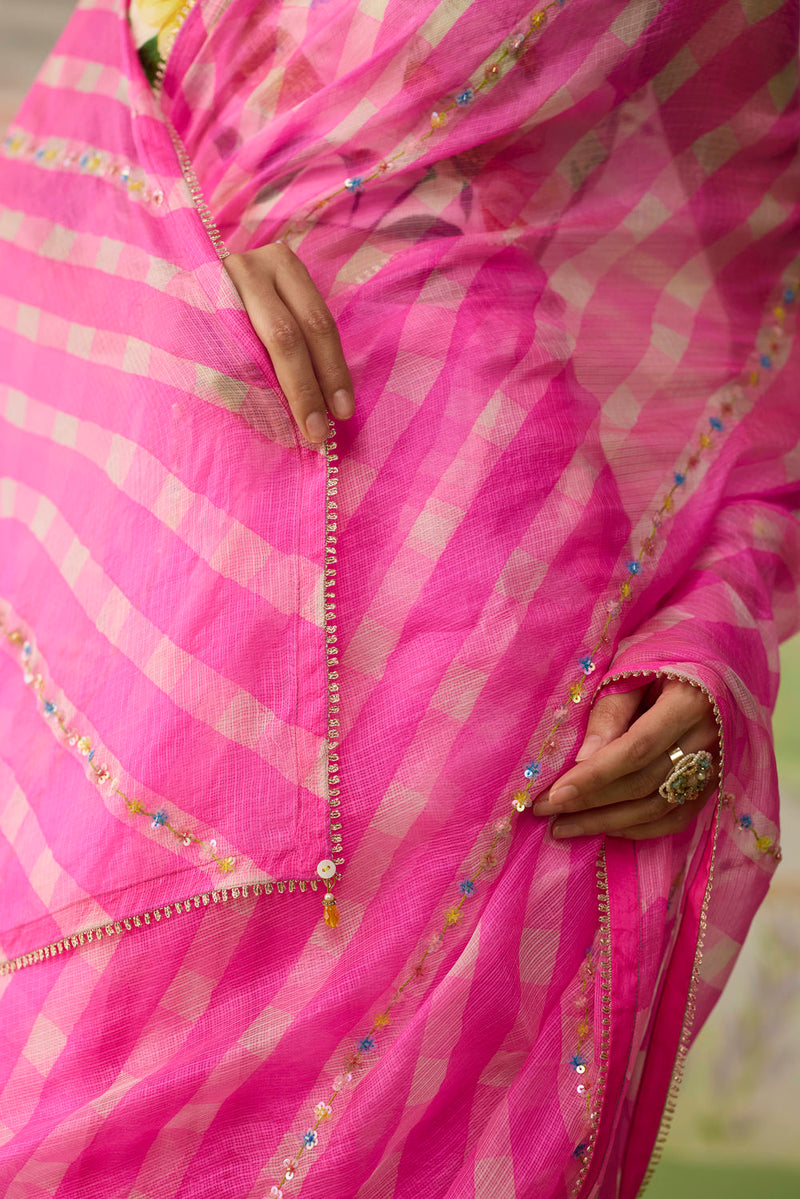 Trellis Pink Kota Doria Silk Lehriya Mothra Sari silk saree by Nadiya Paar in pink for women Worldwide
