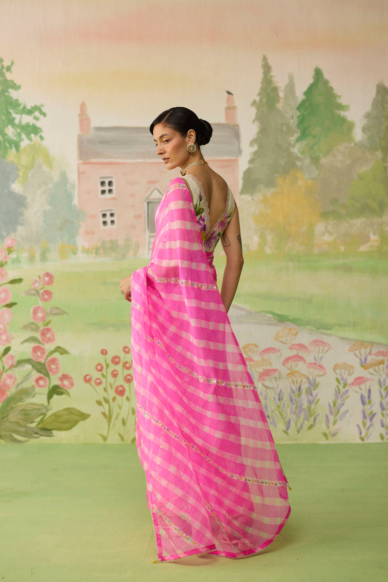 Trellis Pink Kota Doria Silk Lehriya Mothra Sari silk saree by Nadiya Paar in pink for women Worldwide