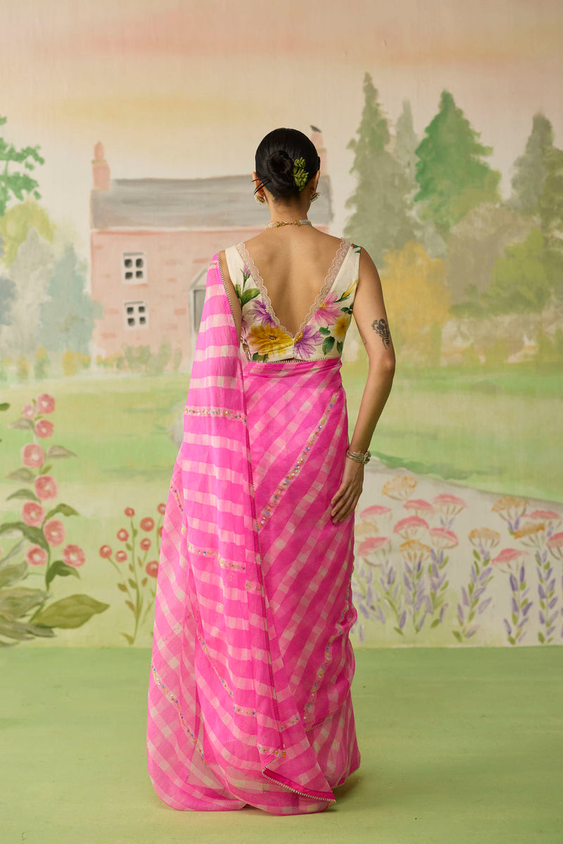 Trellis Pink Kota Doria Silk Lehriya Mothra Sari silk saree by Nadiya Paar in pink for women Worldwide