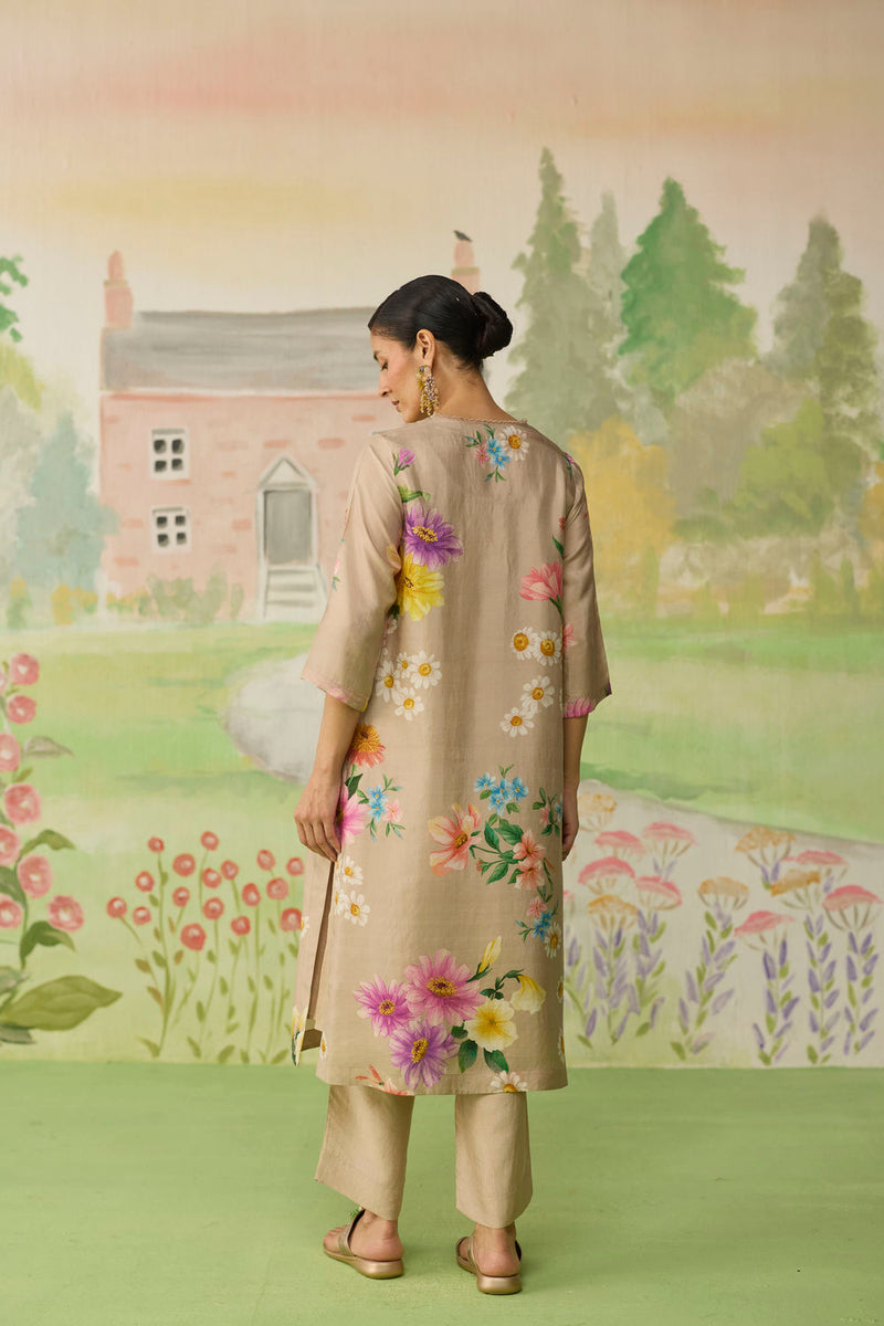 Sand Brown Daisy Long Kurta Set Muberry Silk silk co-ord set by Nadiya Paar in brown for women Worldwide