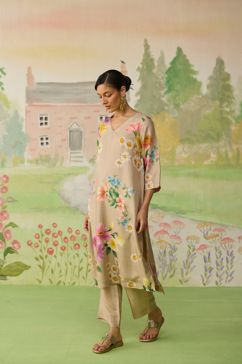 Sand Brown Daisy Long Kurta Set Muberry Silk silk co-ord set by Nadiya Paar in brown for women Worldwide