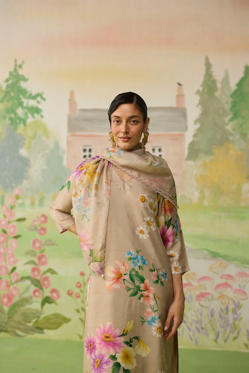 Sand Brown Daisy Long Kurta Set Muberry Silk silk co-ord set by Nadiya Paar in brown for women Worldwide