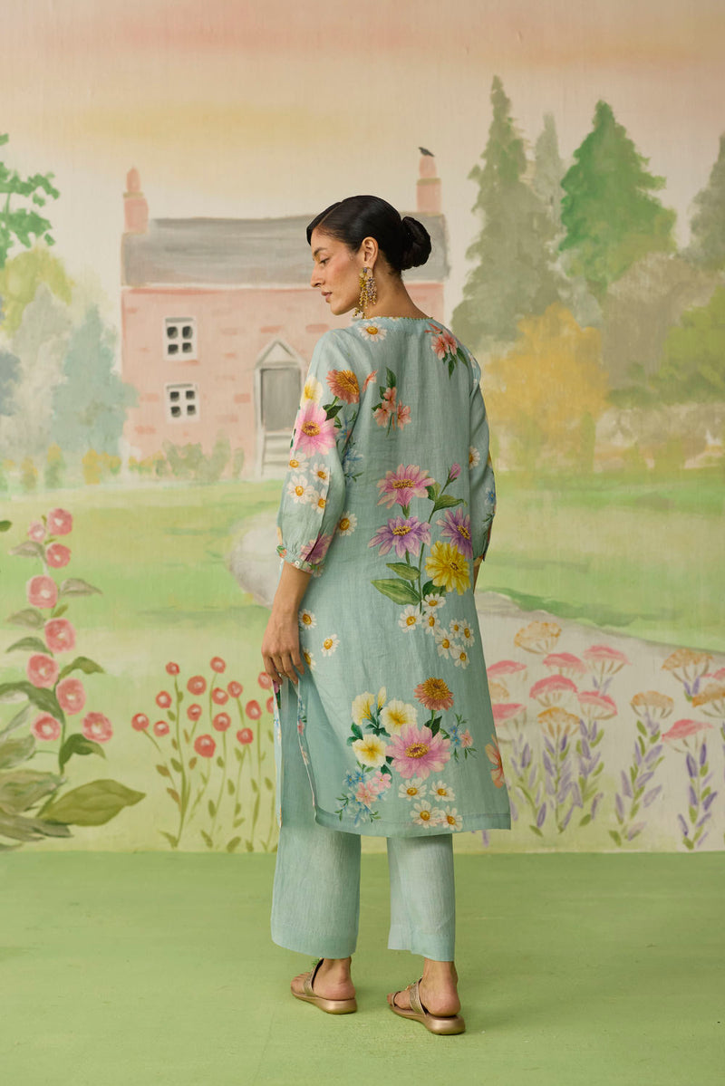 Aqua Daisy Long Kurta Set Linen linen co-ord set by Nadiya Paar in blue for women Worldwide
