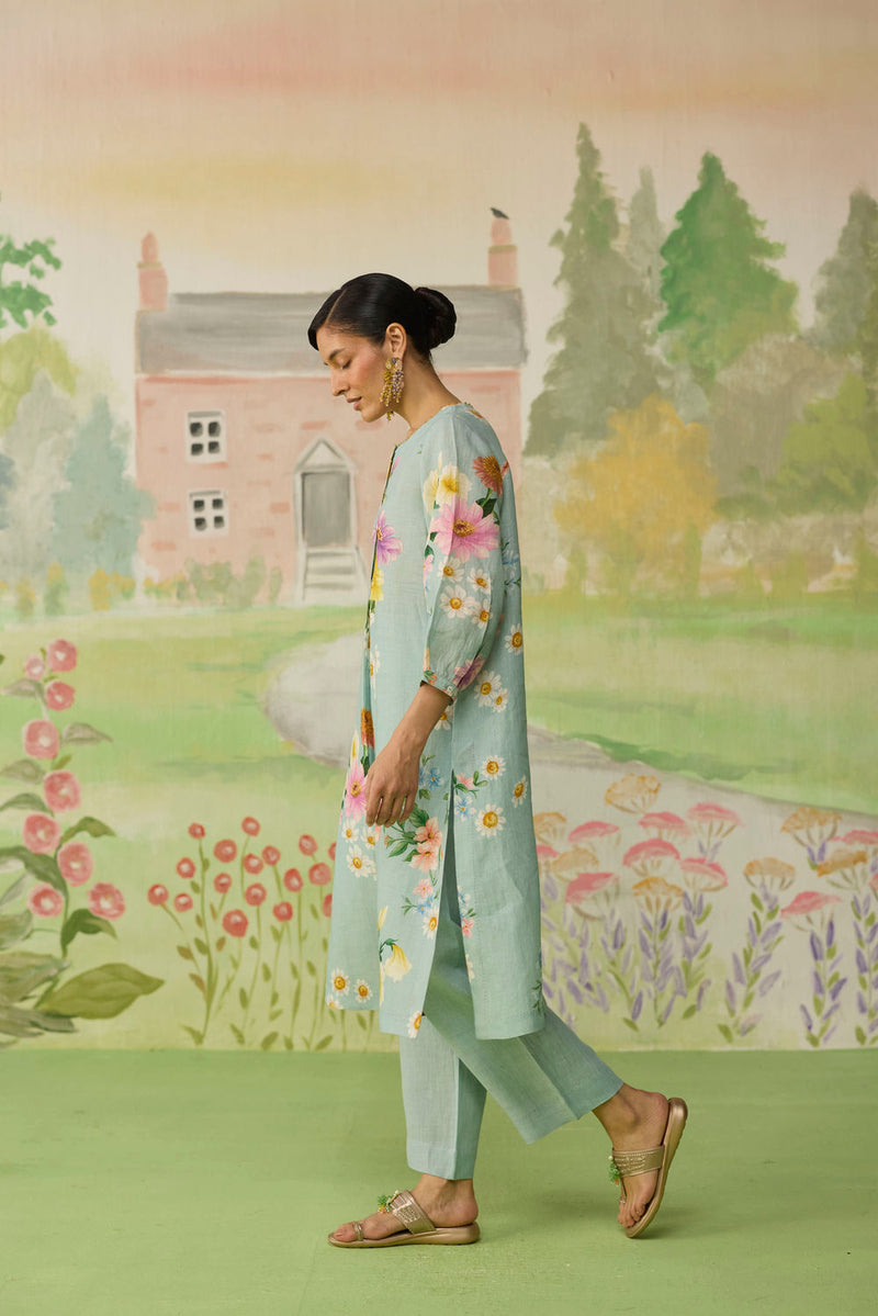 Aqua Daisy Long Kurta Set Linen linen co-ord set by Nadiya Paar in blue for women Worldwide
