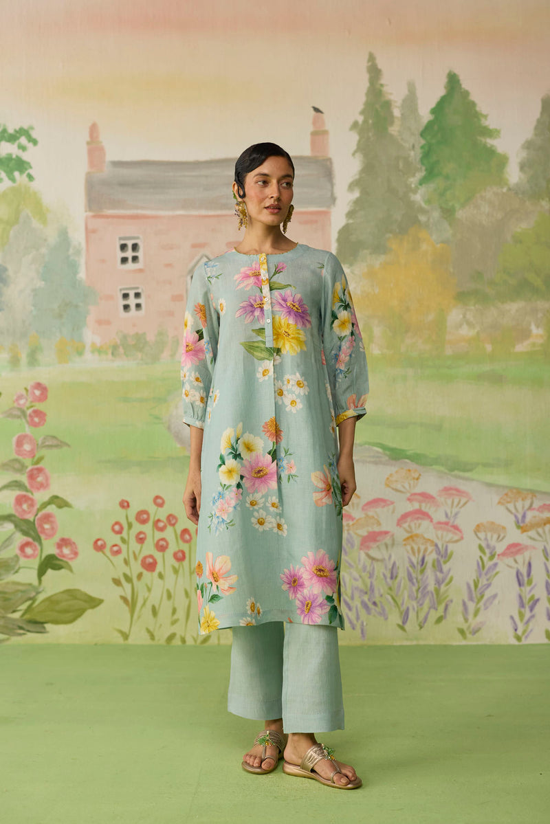 Aqua Daisy Long Kurta Set Linen linen co-ord set by Nadiya Paar in blue for women Worldwide