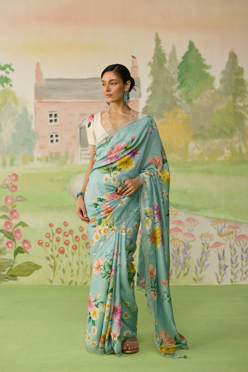 Aqua Daisy Mulberry Silk Sari silk saree by Nadiya Paar in blue for women Worldwide