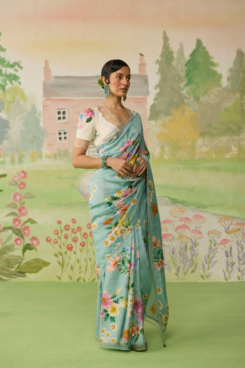 Aqua Daisy Mulberry Silk Sari silk saree by Nadiya Paar in blue for women Worldwide