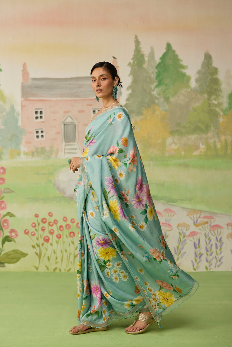 Aqua Daisy Mulberry Silk Sari silk saree by Nadiya Paar in blue for women Worldwide