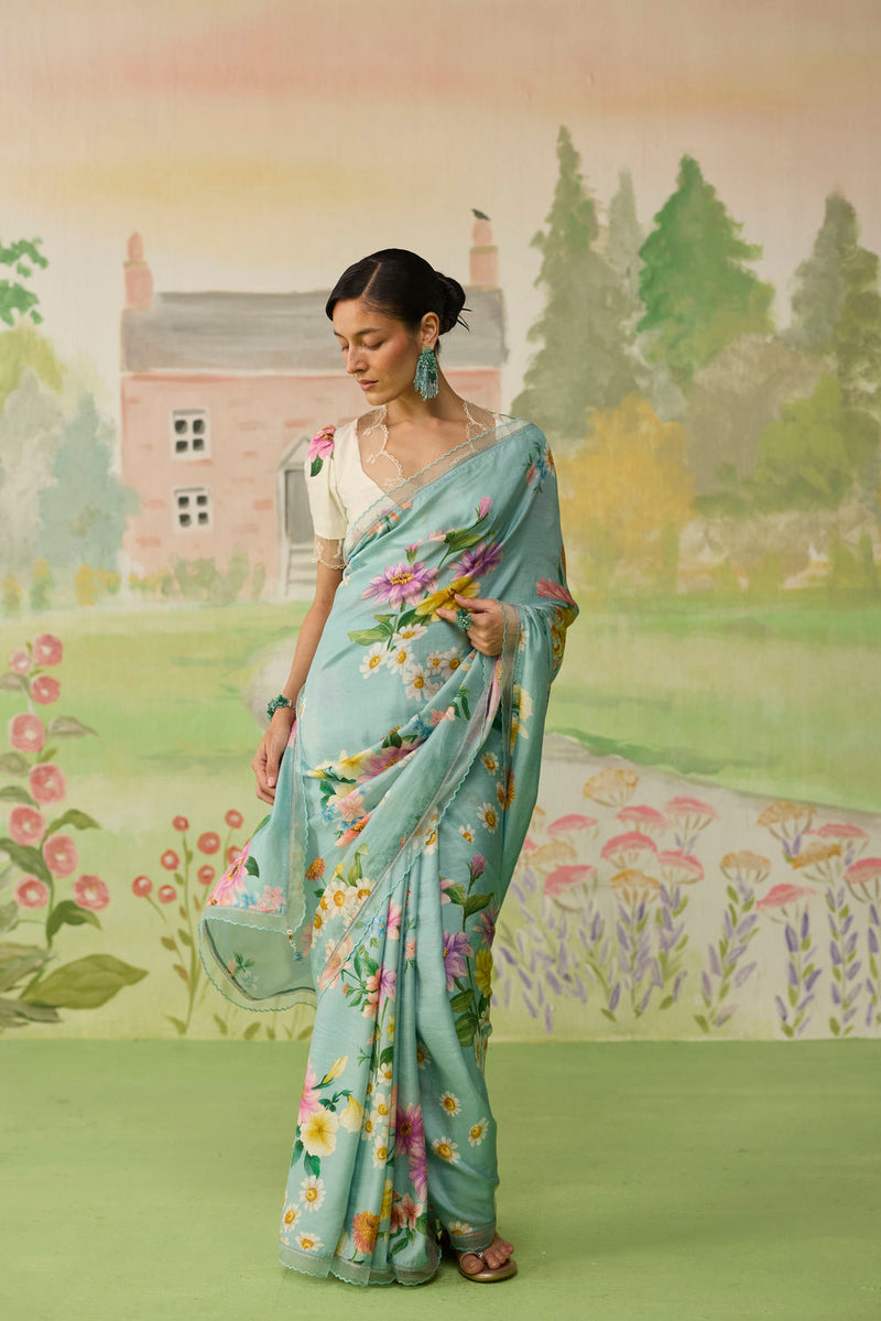 Aqua Daisy Mulberry Silk Sari silk saree by Nadiya Paar in blue for women Worldwide