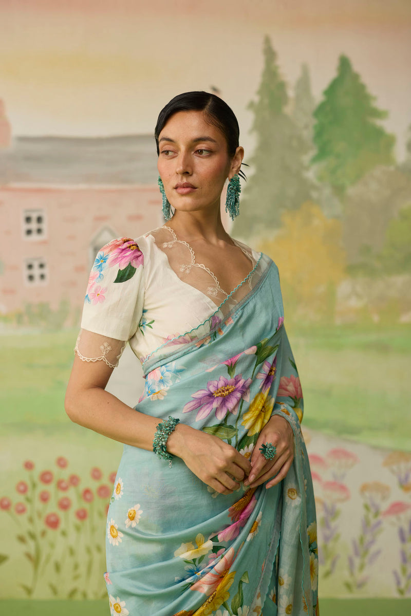 Aqua Daisy Mulberry Silk Sari silk saree by Nadiya Paar in blue for women Worldwide