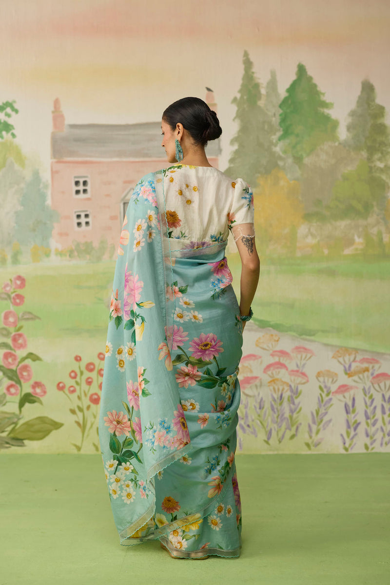 Aqua Daisy Mulberry Silk Sari silk saree by Nadiya Paar in blue for women Worldwide