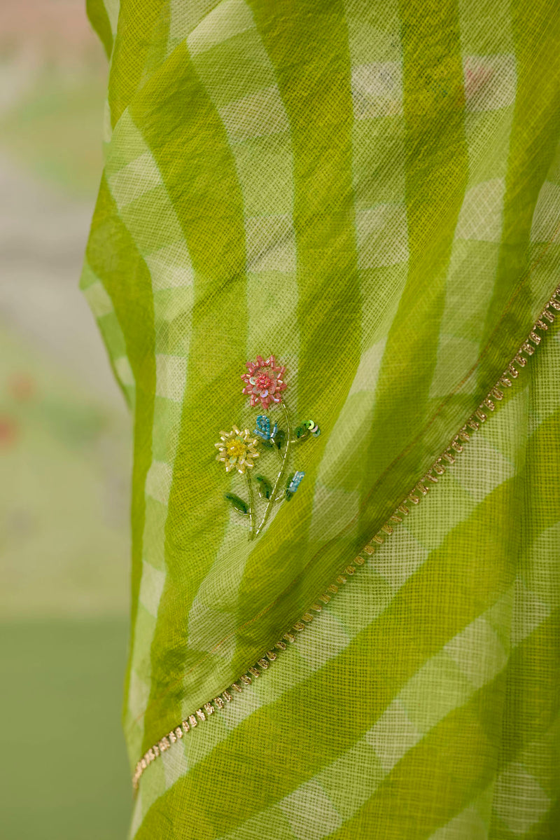 Trellis Green Kota Doria Silk Lehriya Mothra Sari silk saree by Nadiya Paar in green for women Worldwide