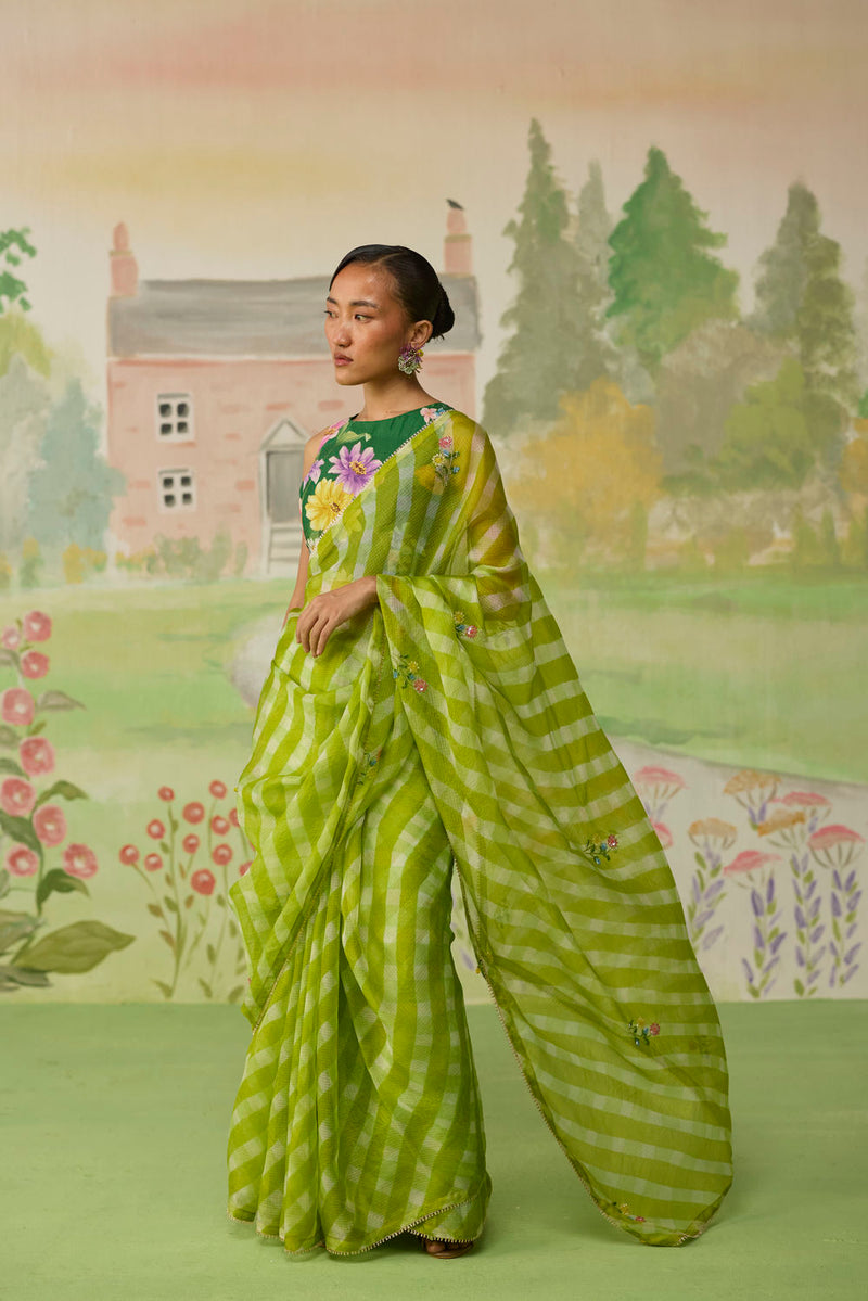 Trellis Green Kota Doria Silk Lehriya Mothra Sari silk saree by Nadiya Paar in green for women Worldwide