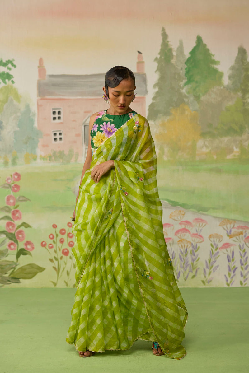 Trellis Green Kota Doria Silk Lehriya Mothra Sari silk saree by Nadiya Paar in green for women Worldwide