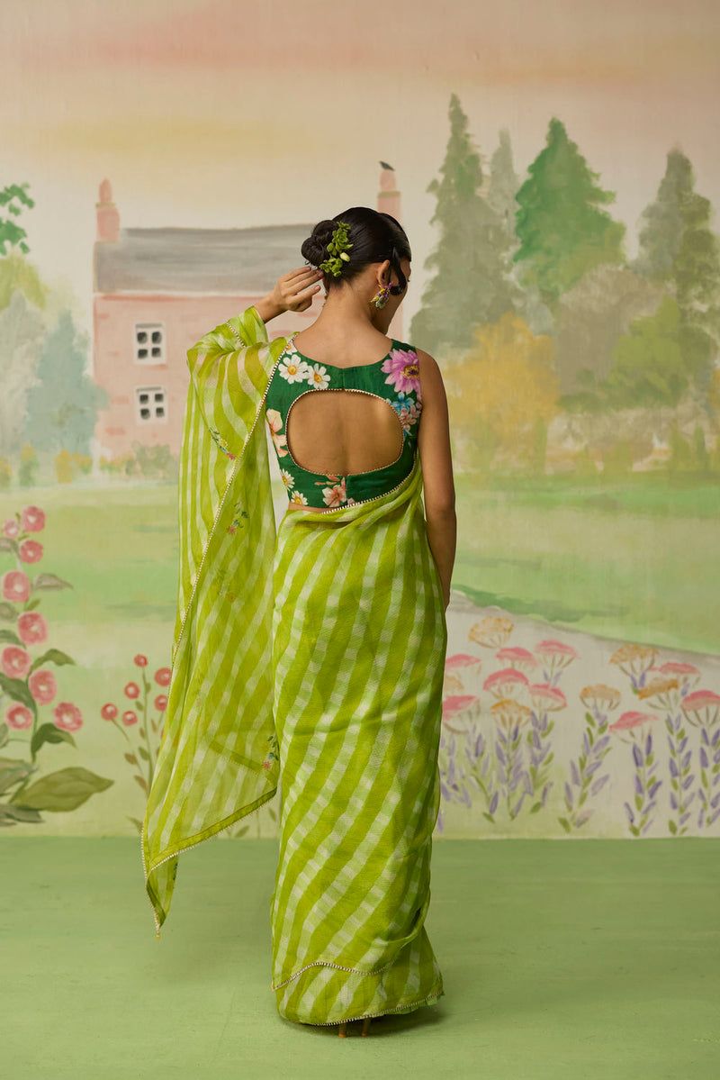 Trellis Green Kota Doria Silk Lehriya Mothra Sari silk saree by Nadiya Paar in green for women Worldwide