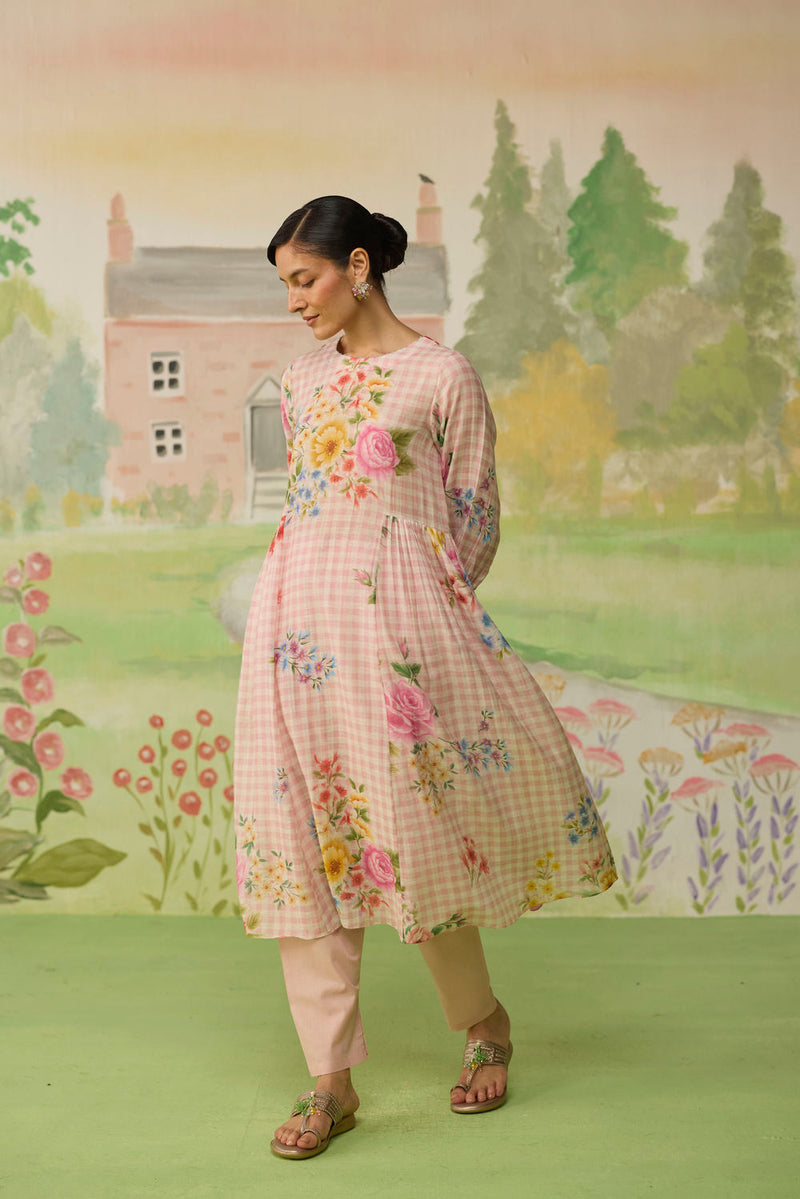 Golden Hour Pink Long Kurta Set Khadi Silk silk co-ord set by Nadiya Paar in pink for women Worldwide