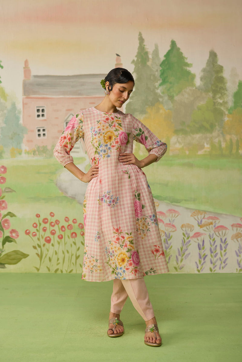 Golden Hour Pink Long Kurta Set Khadi Silk silk co-ord set by Nadiya Paar in pink for women Worldwide