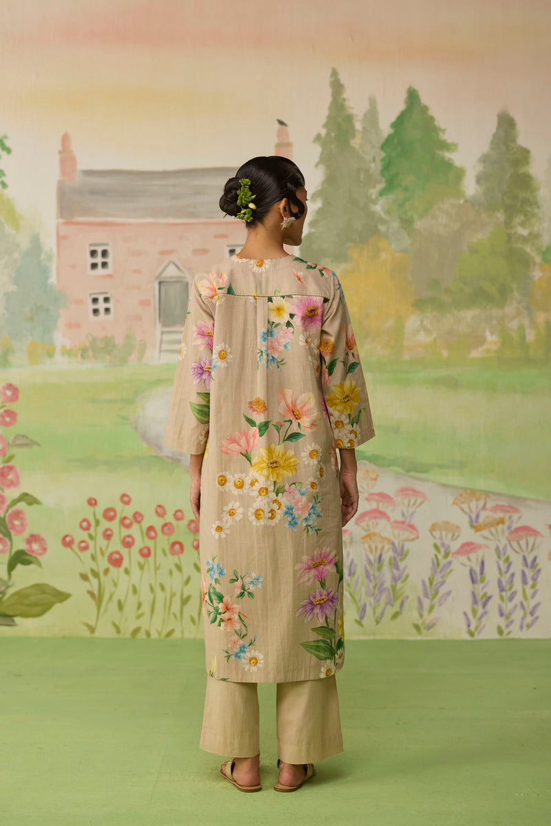 Sand Brown Daisy Long Kurta Set cotton co-ord set by Nadiya Paar in brown for women Worldwide
