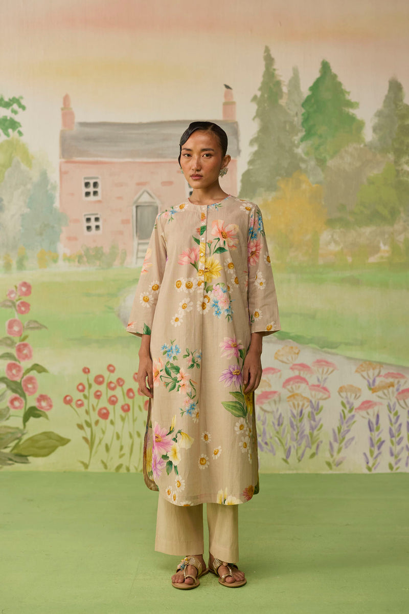 Sand Brown Daisy Long Kurta Set cotton co-ord set by Nadiya Paar in brown for women Worldwide