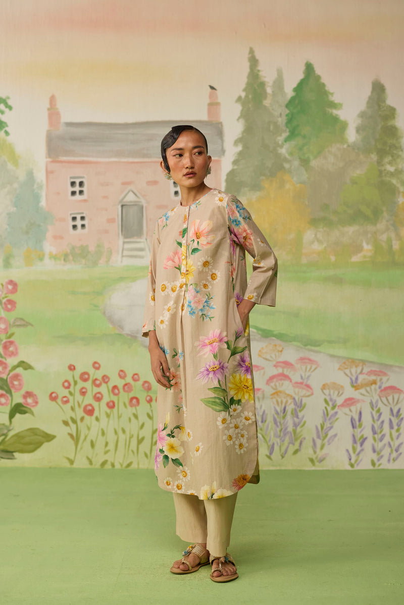 Sand Brown Daisy Long Kurta Set cotton co-ord set by Nadiya Paar in brown for women Worldwide