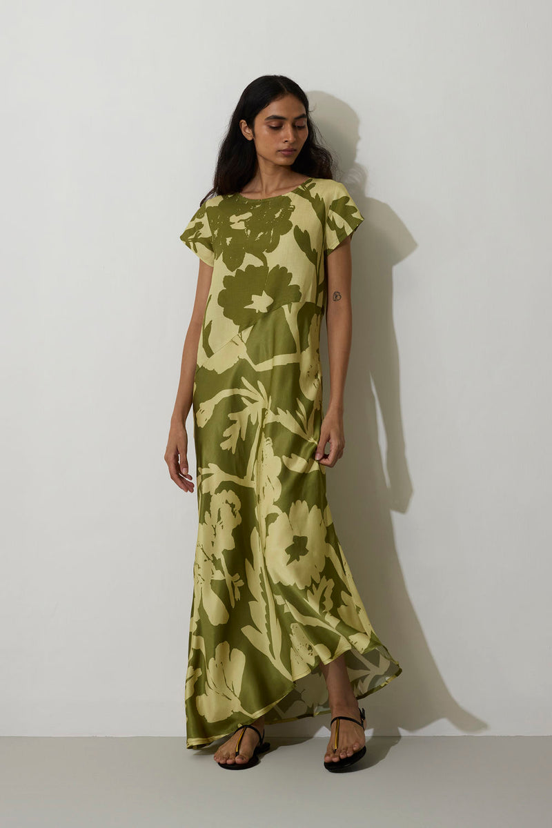 Marigold Two-Tone Dress-Olive linen dress by World of SiSa in olive for women Worldwide