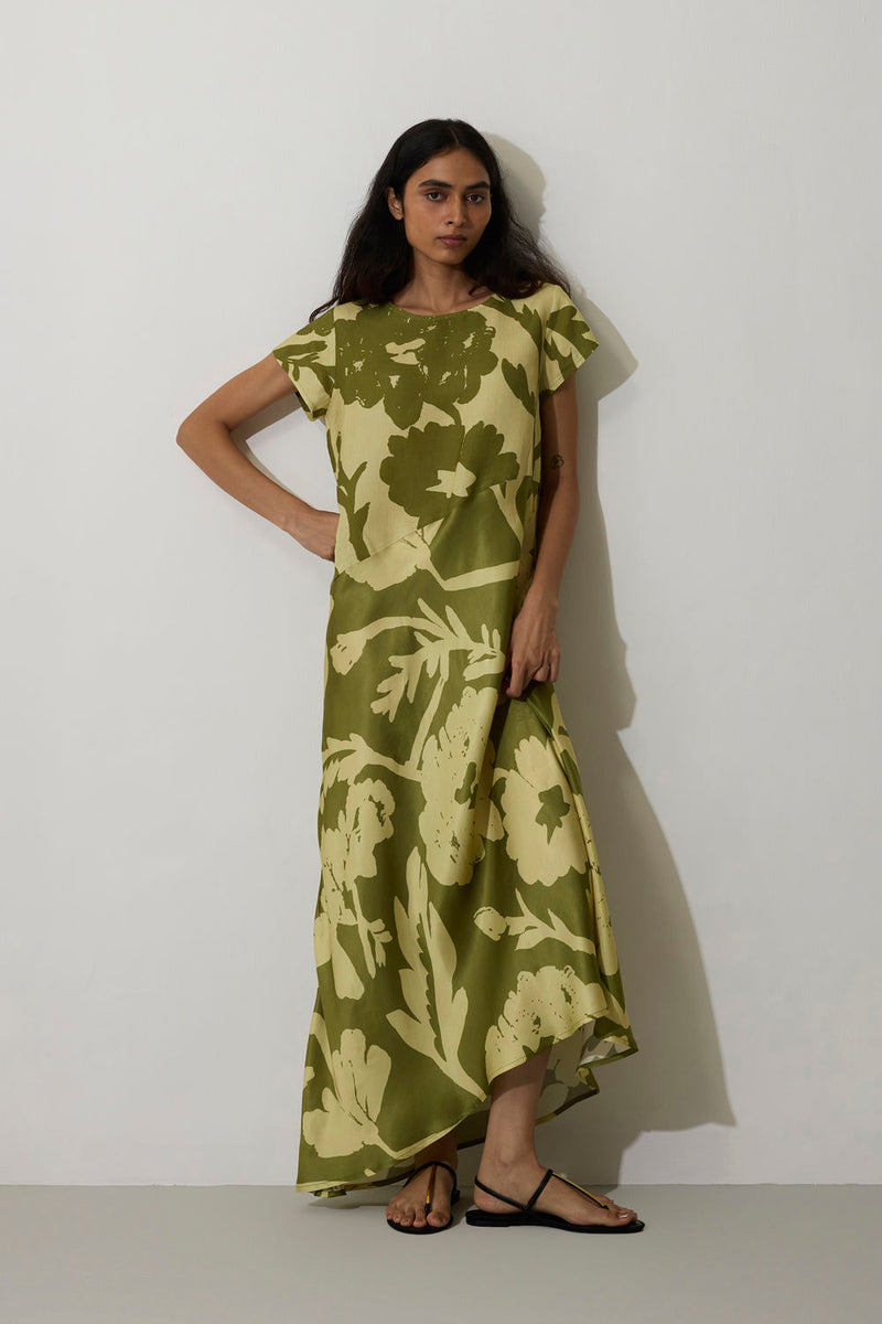 Marigold Two-Tone Dress-Olive linen dress by World of SiSa in olive for women Worldwide