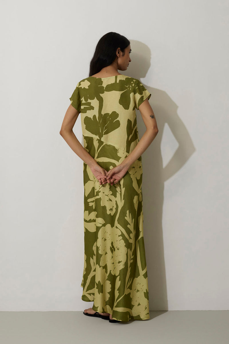 Marigold Two-Tone Dress-Olive linen dress by World of SiSa in olive for women Worldwide