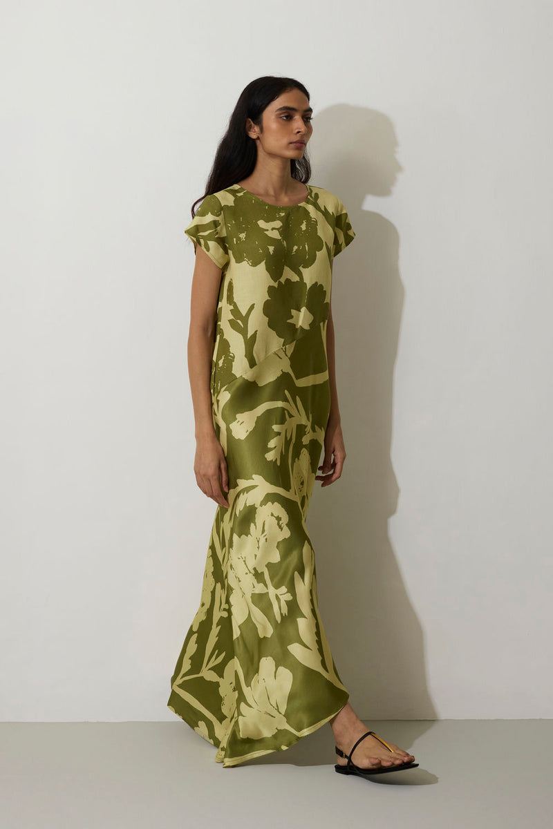 Marigold Two-Tone Dress-Olive linen dress by World of SiSa in olive for women Worldwide