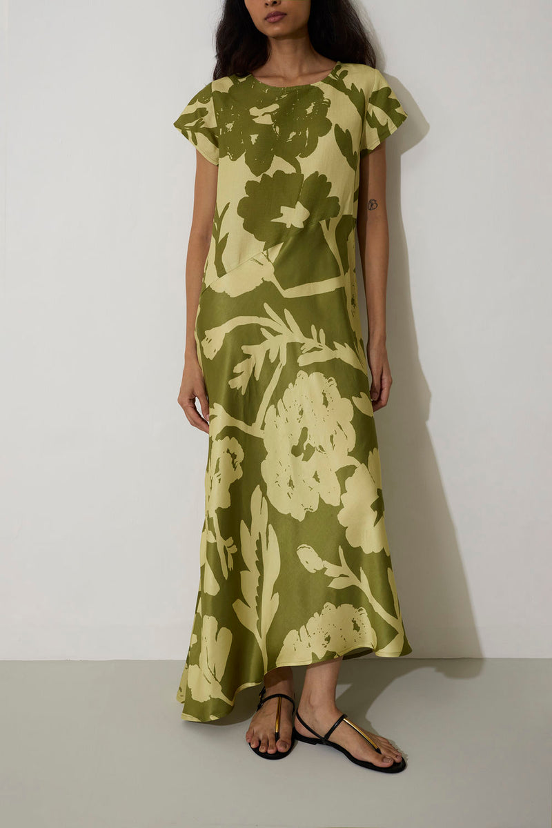 Marigold Two-Tone Dress-Olive linen dress by World of SiSa in olive for women Worldwide