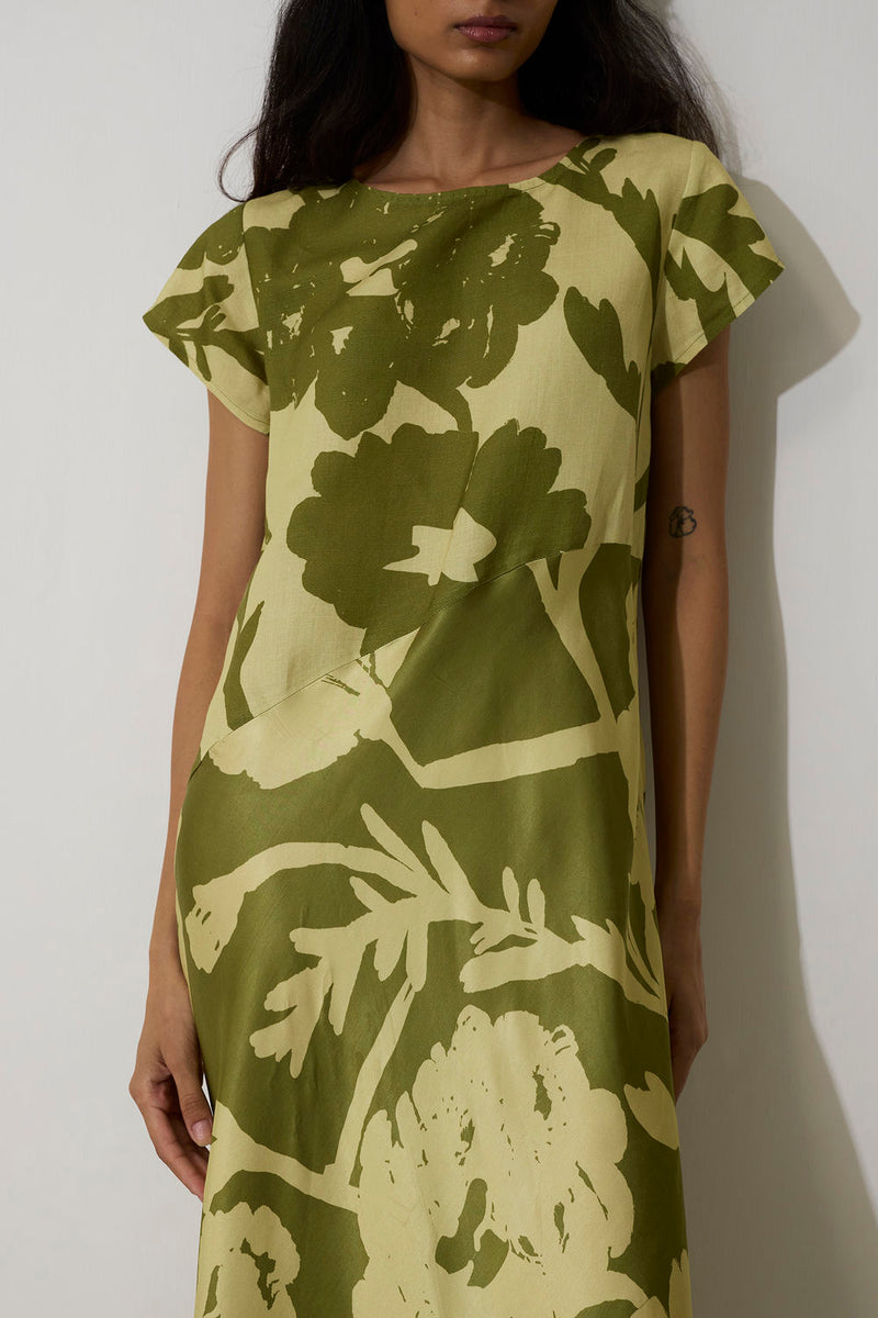 Marigold Two-Tone Dress-Olive linen dress by World of SiSa in olive for women Worldwide