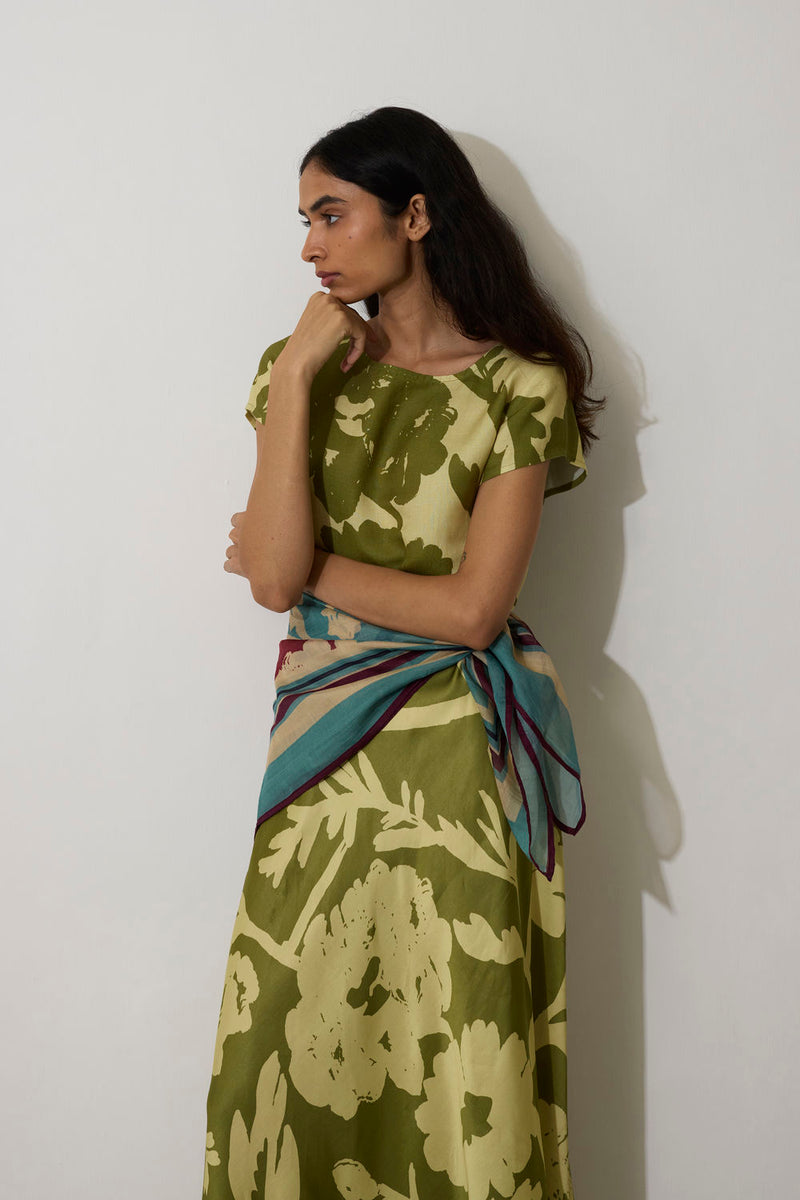 Marigold Two-Tone Dress-Olive linen dress by World of SiSa in olive for women Worldwide