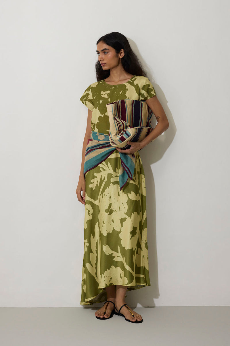 Marigold Two-Tone Dress-Olive linen dress by World of SiSa in olive for women Worldwide