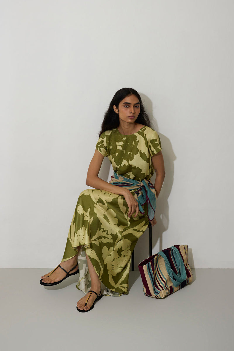 Marigold Two-Tone Dress-Olive linen dress by World of SiSa in olive for women Worldwide