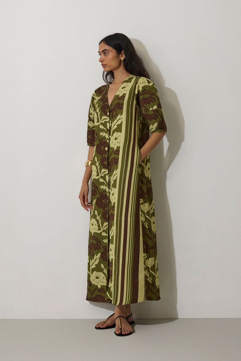 Stripe Marigold Dress-Olive linen dress by World of SiSa in olive for women Worldwide
