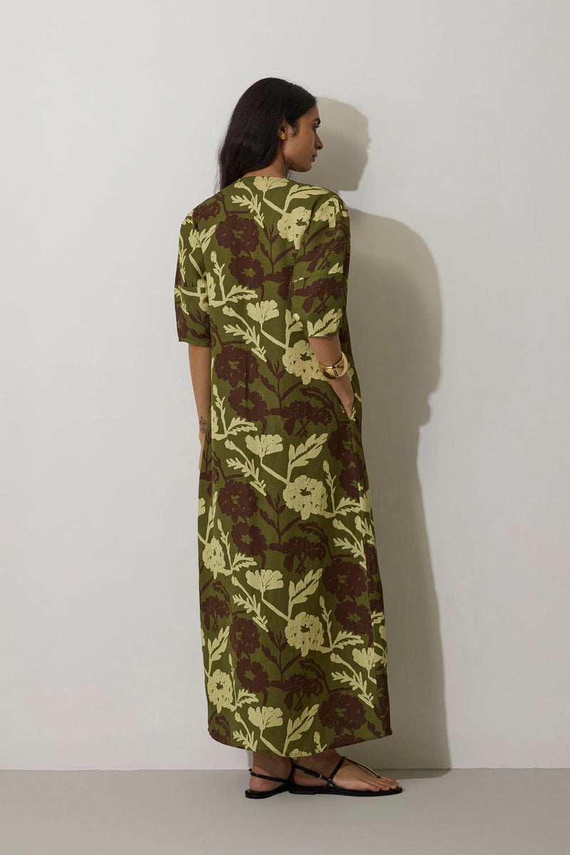 Stripe Marigold Dress-Olive linen dress by World of SiSa in olive for women Worldwide