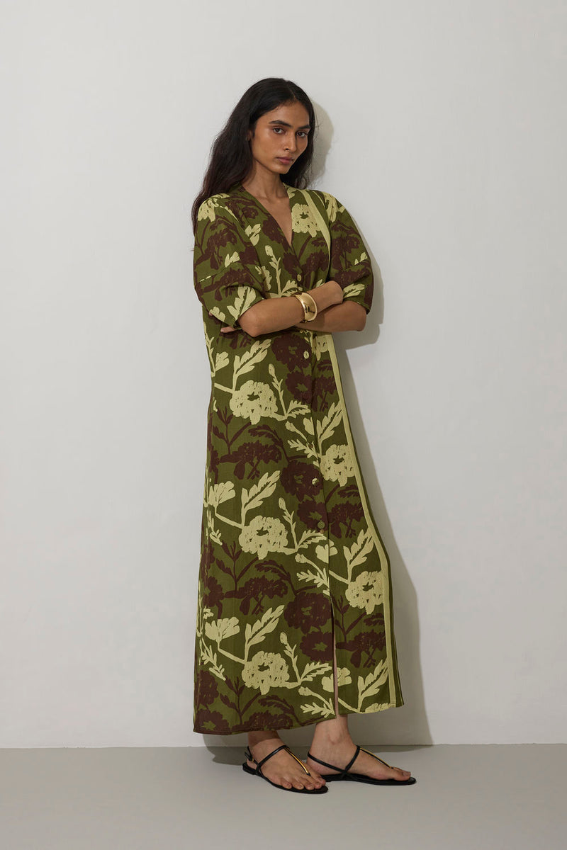 Stripe Marigold Dress-Olive linen dress by World of SiSa in olive for women Worldwide
