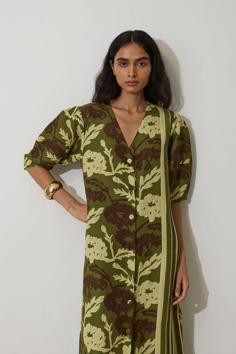 Stripe Marigold Dress-Olive linen dress by World of SiSa in olive for women Worldwide